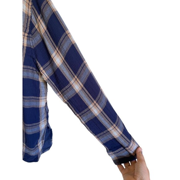 AERIE XXL BLue White Plaid Button Up Collared Shirt Oversized Brushed Cotton - Picture 6 of 8